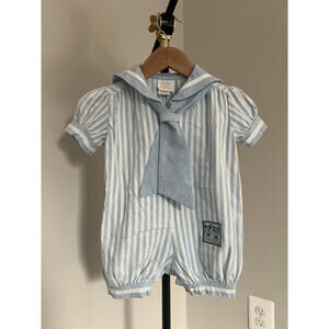 Vintage Little Bitty Blue & White Striped Sailor Bubble Romper, Made in USA